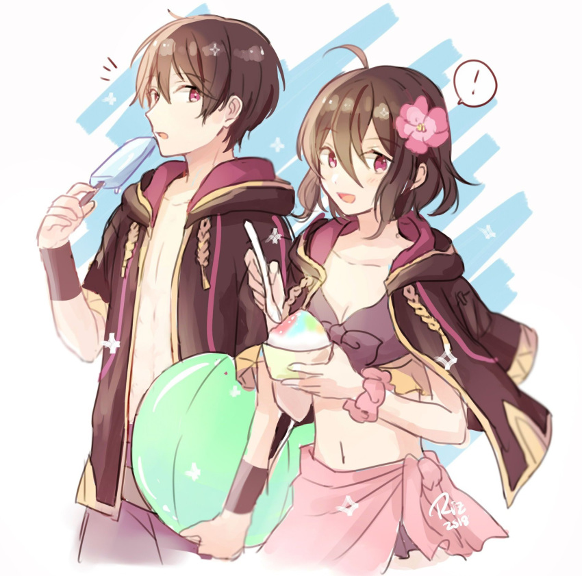 1boy 1girl ball beachball black_hair breasts cleavage commentary dinikee dual_persona english_commentary fire_emblem fire_emblem:_kakusei fire_emblem_heroes flower food hair_flower hair_ornament highres holding holding_spoon hood hood_down ice_cream mark_(female)_(fire_emblem) mark_(fire_emblem) mark_(male)_(fire_emblem) navel open_clothes open_mouth pink_flower pink_sarong popsicle red_eyes sarong shaved_ice short_hair smile spoken_exclamation_mark spoon swimsuit wristband