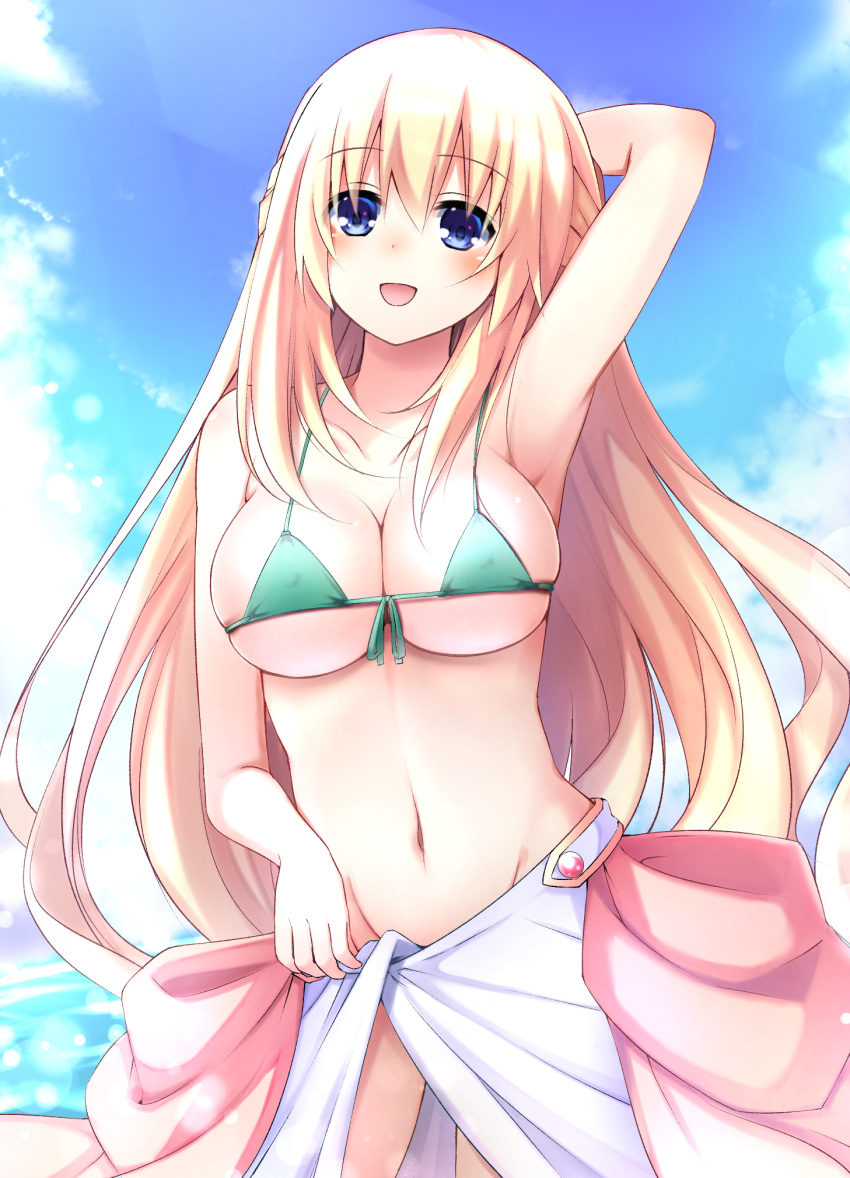 bikini blonde_hair blue_eyes blush breasts cloud commentary_request day doria_(5073726) eyebrows_visible_through_hair hand_on_own_head highres large_breasts long_hair looking_at_viewer navel neptune_(series) open_mouth sky smile solo swimsuit vert very_long_hair
