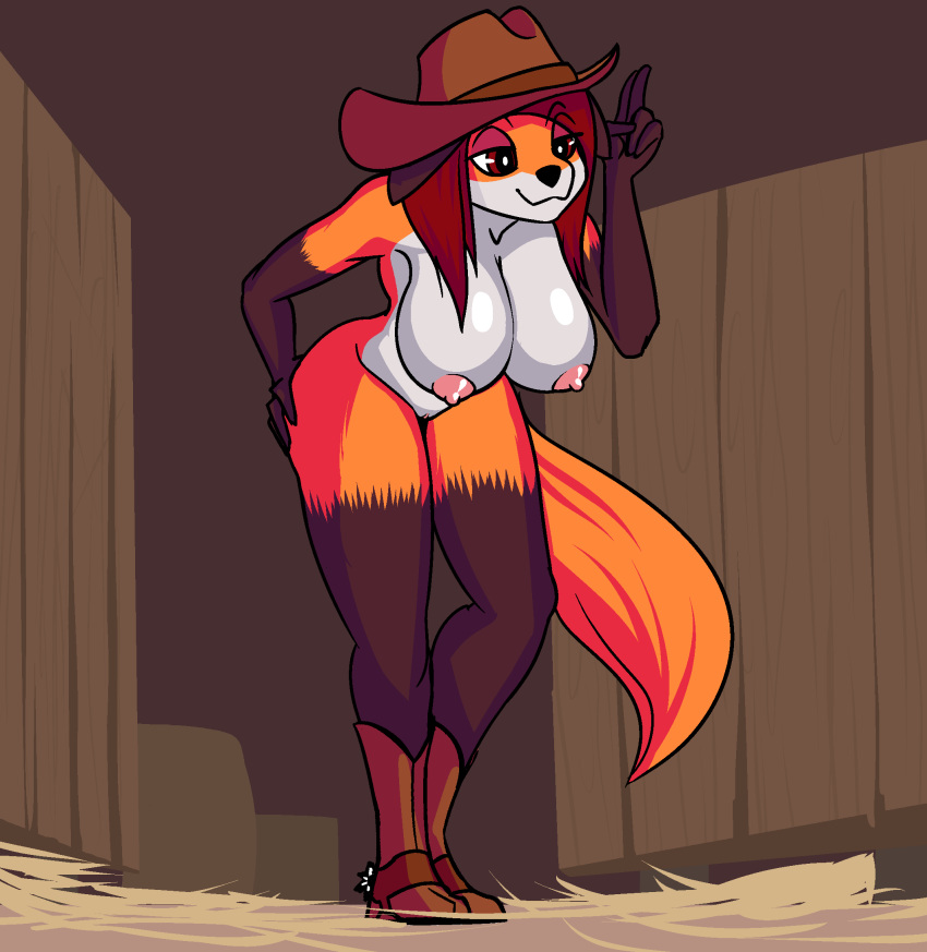 5_fingers anthro big_breasts black_fur breasts canine cassidy_(kobold_adventure) clothing countershading cowboy_hat female footwear fox fur hair hat hay kobold_adventure mammal mostly_nude nipples orange_fur pussy quitetricky red_eyes red_hair smile solo spurs video_games white_fur