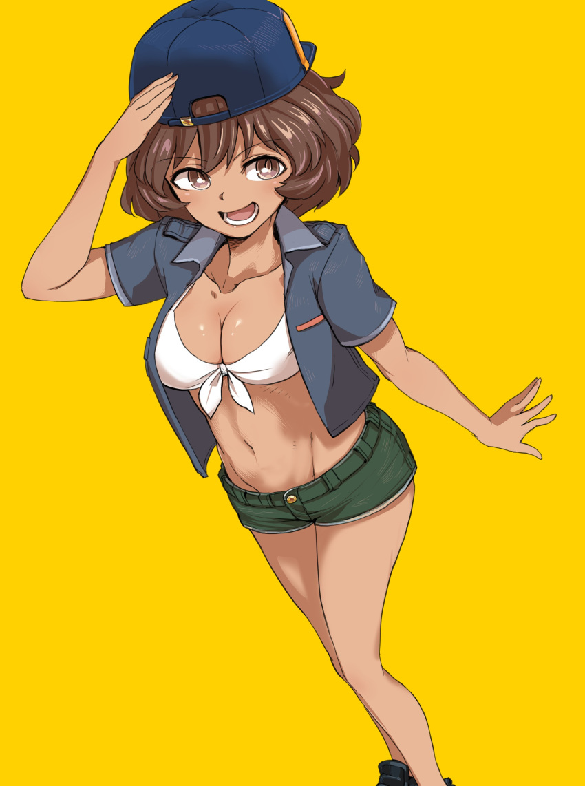 absurdres akiyama_yukari aomushi_(mushamusha) backwards_hat bangs baseball_cap black_footwear blue_hat breasts brown_eyes brown_hair casual cleavage commentary_request denim denim_shorts dutch_angle eyebrows_visible_through_hair front-tie_top girls_und_panzer green_shorts grey_shirt hat highres looking_at_viewer medium_breasts messy_hair open_clothes open_mouth open_shirt salute shirt shoes short_hair short_shorts short_sleeves shorts simple_background smile solo standing tan white_bikini_top yellow_background