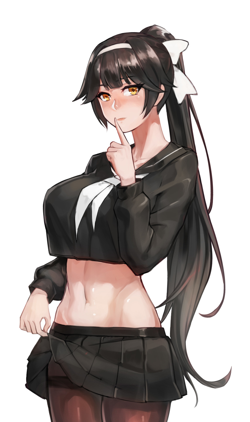 absurdres azur_lane bangs black_hair black_serafuku black_skirt bow breasts brown_legwear chinese_commentary closed_mouth collarbone commentary_request cowboy_shot crop_top crop_top_overhang eyebrows_visible_through_hair groin hair_flaps hairband hand_up highres huitu_xigai index_finger_raised large_breasts legs_together long_hair long_sleeves looking_at_viewer midriff miniskirt navel neckerchief pantyhose pleated_skirt ponytail school_uniform serafuku shiny shiny_skin sidelocks simple_background skirt skirt_hold solo standing stomach takao_(azur_lane) thighband_pantyhose very_long_hair white_background white_bow white_hairband white_neckwear yellow_eyes