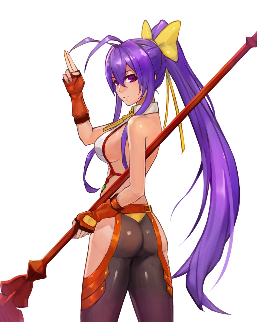 absurdres antenna_hair arm_up ass backless_outfit bangs bare_shoulders black_pants blazblue blazblue:_central_fiction bow breasts chinese_commentary closed_mouth commentary_request eyebrows_visible_through_hair fingerless_gloves from_behind gloves hair_between_eyes hair_bow halterneck highres hip_vent holding holding_spear holding_weapon huitu_xigai large_breasts long_hair looking_at_viewer looking_back mai_natsume no_bra orange_gloves outseal pants polearm ponytail purple_eyes purple_hair salute shiny shiny_clothes shiny_hair sideboob sidelocks simple_background smile solo spear standing tight tight_pants twisted_torso two-finger_salute very_long_hair weapon white_background yellow_bow
