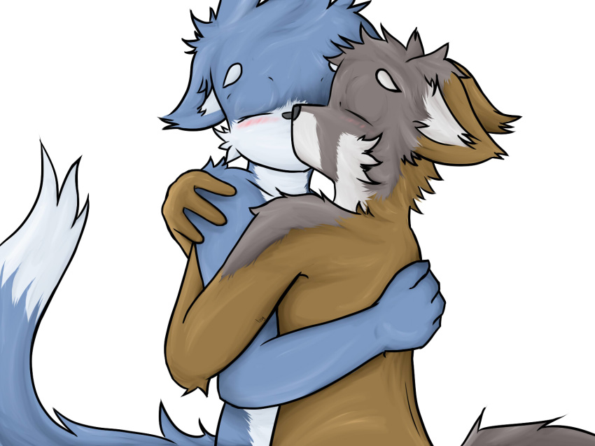 2011 4_fingers anthro anthro_on_anthro black_fur black_nose blue_fur blush brown_fur canine cat cheek_tuft coyote dipstick_tail duo embrace eyes_closed feline fur head_tuft interspecies kissing log_(artist) male male/male mammal multicolored_fur multicolored_tail nude romantic_couple simple_background tuft two_tone_fur white_background white_fur