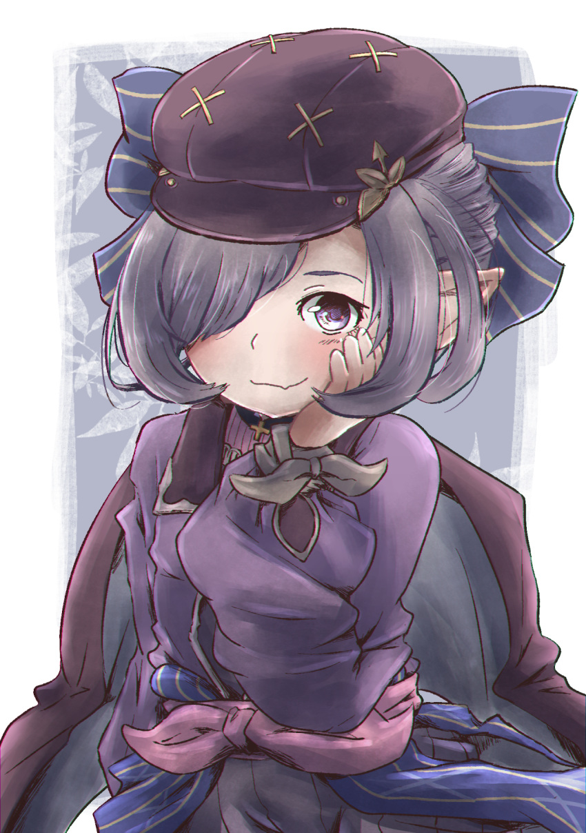 blush bow closed_mouth granblue_fantasy grey_hair hair_bow hair_over_one_eye hand_on_own_cheek harvin hat highres kotobukkii_(yt_lvlv) long_sleeves looking_at_viewer nio_(granblue_fantasy) pointy_ears purple_eyes purple_hat smile solo striped striped_bow