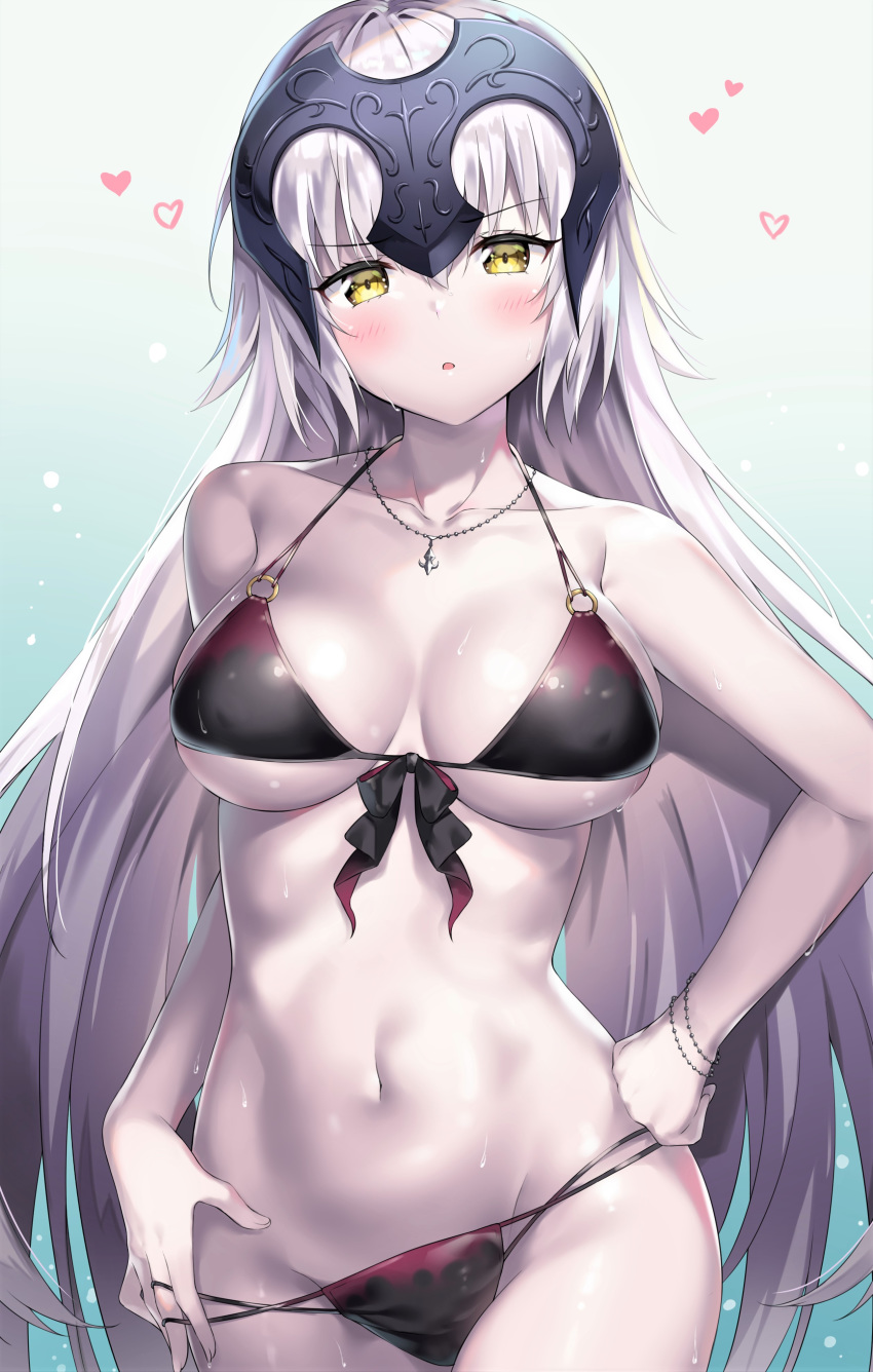 absurdres ahoge ale_nqki bangs bare_shoulders bikini bikini_tug black_bikini blush bracelet breasts cleavage collarbone commentary_request cowboy_shot eyebrows_visible_through_hair fate/grand_order fate_(series) flying_heart front-tie_top groin hair_between_eyes hand_in_bikini hand_on_hip head_tilt headpiece highres jeanne_d'arc_(alter)_(fate) jeanne_d'arc_(fate)_(all) jewelry large_breasts long_hair looking_at_viewer medium_breasts multi-strapped_bikini navel necklace o-ring o-ring_top open_mouth pale_skin sidelocks silver_hair solo stomach swimsuit very_long_hair wet yellow_eyes