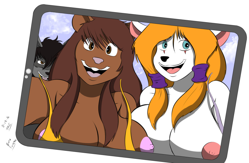 2016 anthro big_breasts bikini black_hair blonde_hair blue_eyes breasts brown_eyes brown_fur brown_hair buckteeth bust_portrait carbon_(graphite) cat clothing duo_focus feline fur grey_fur group hair mammal nipples open_mouth open_smile photobomb portrait procyonid raccoon rayne_(sailoranna) rodent sailoranna selfie smile squirrel swimsuit teeth tracy_(sailoranna) wardrobe_malfunction white_fur