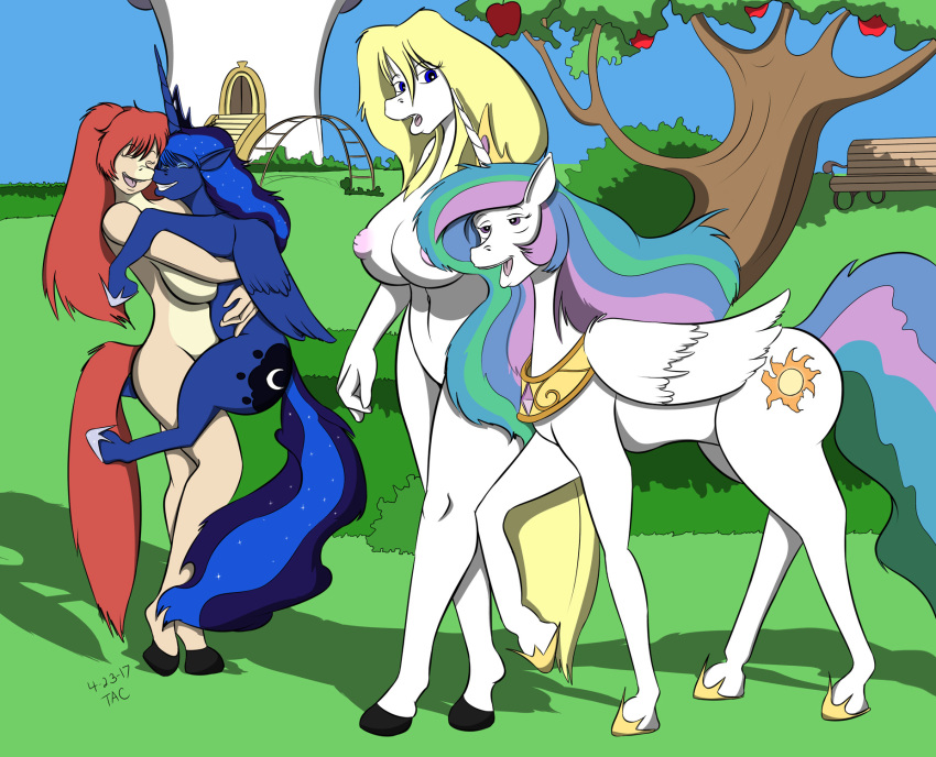 2017 anna_(sailoranna) anthro apple big_breasts blonde_hair blue_fur blue_hair breasts collar cosmic_hair equine eyes_closed feathered_wings feathers female female/female feral food friendship_is_magic fruit fur group hair hi_res holding_character horn horse hug long_hair mammal my_little_pony navel nipples nude open_mouth open_smile outside ponytail princess_celestia_(mlp) princess_luna_(mlp) red_hair sailoranna sara_(sailoranna) smile tree walking white_wings winged_unicorn wings
