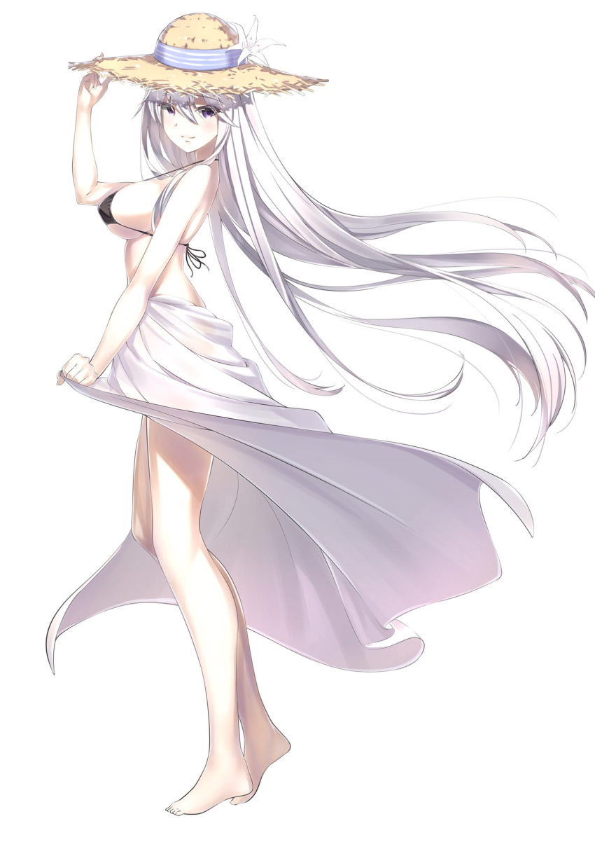 alternate_costume azur_lane bangs barefoot bikini black_bikini blush breasts commentary_request enterprise_(azur_lane) eyebrows_visible_through_hair from_side full_body hand_on_headwear hat highres large_breasts long_hair looking_at_viewer purple_eyes sarong sidelocks silver_hair simple_background smile solo sun_hat swimsuit very_long_hair white_background white_sarong yamanokami_eaka