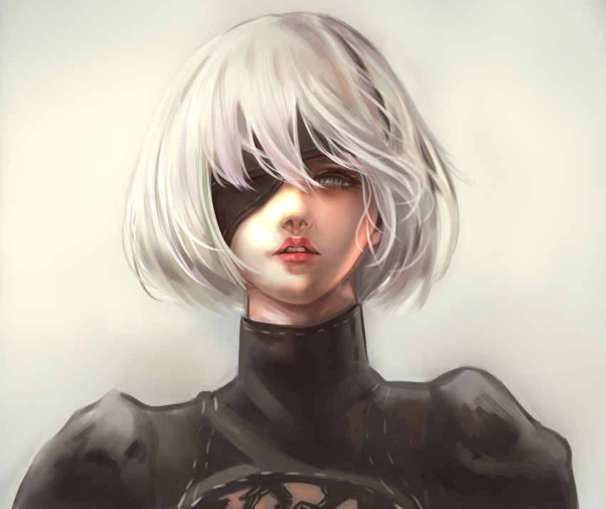absurdres bangs black_blindfold black_dress blindfold blue_eyes commentary_request dress eyelashes grey_background hair_between_eyes highres juliet_sleeves long_sleeves looking_at_viewer nier_(series) nier_automata one_eye_covered parted_lips puffy_sleeves red_lips short_hair silver_hair simple_background solo turtleneck_dress upper_body yafura yorha_no._2_type_b