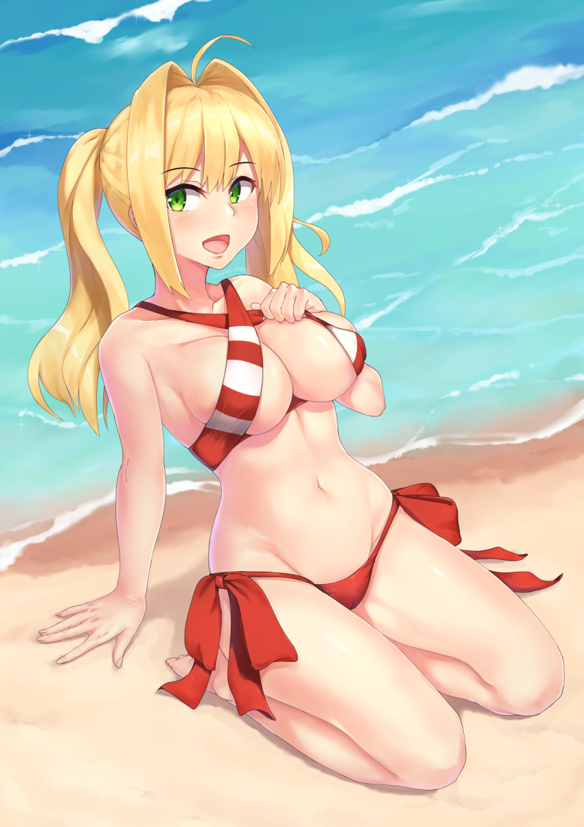 :d ahoge arm_support bangs bare_arms bare_legs bare_shoulders barefoot beach bikini blonde_hair blush breasts collarbone criss-cross_halter day eyebrows_visible_through_hair fate/grand_order fate_(series) fingernails full_body green_eyes groin hair_between_eyes hair_intakes halter_top halterneck hand_on_own_chest hand_up highres large_breasts long_hair looking_at_viewer navel nero_claudius_(fate)_(all) nero_claudius_(swimsuit_caster)_(fate) ocean open_mouth outdoors reclining red_bikini ryouya seiza shiny shiny_hair side-tie_bikini sidelocks sitting smile solo stomach striped striped_bikini swimsuit twintails