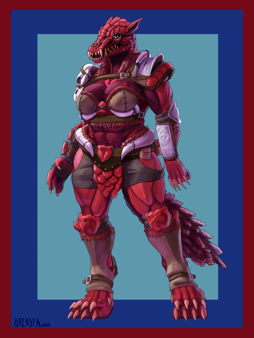 abstract_background absurd_res armor belt blue_sclera breasts capcom claws cleavage clothed clothing fanged_wyvern female fingerless_gloves fur gloves greasymojo hi_res knee_pads monster_hunter monster_hunter_world muscular muscular_female navel odogaron red_skin scalie scratches sharp_nails sharp_teeth skirt skull solo teeth toeless_legwear tusks video_games watermark