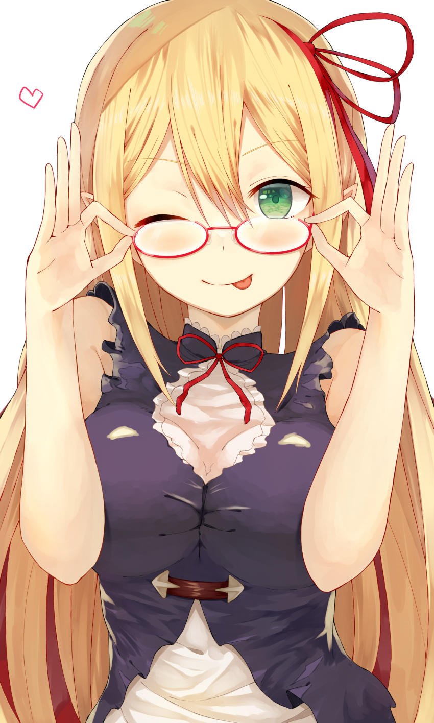 ;p absurdres adjusting_eyewear arisa_(shadowverse) bare_arms bare_shoulders blonde_hair breasts closed_mouth commentary_request dress eyebrows_visible_through_hair green_eyes hair_between_eyes hairband hands_up heart highres impossible_clothes impossible_dress large_breasts long_hair looking_at_viewer neck_ribbon one_eye_closed pointy_ears raised_eyebrows red-framed_eyewear red_hairband red_ribbon ribbon semi-rimless_eyewear shadowverse simple_background sleeveless sleeveless_dress smile solo tongue tongue_out upper_body white_background yamato_(muchuu_paradigm)