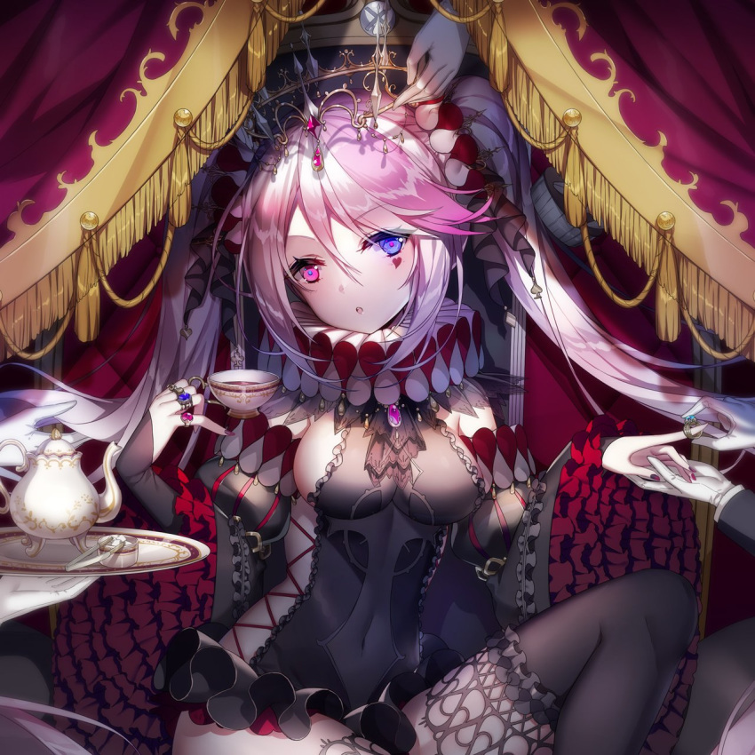 alternate_costume amethyst bangs bare_shoulders black_dress black_legwear blue_eyes blush breasts closed_mouth commentary crown cup detached_sleeves dress dressing eyebrows_visible_through_hair facial_mark frills hair_between_eyes hair_ribbon head_tilt heart highres holding holding_cup holding_hair holding_hand holding_tray iron_saga jewelry knee_up ling_(sroin) long_hair looking_at_viewer medium_breasts mini_crown multiple_hands multiple_rings nail_polish neck_ruff open_mouth out_of_frame pink_hair pinky_out purple_nails putting_on_headwear putting_on_jewelry red_eyes ribbon ring serving short_dress side_slit sideboob sidelocks sitting slokai_(iron_saga) solo_focus spoon sugar_cube tea teacup teapot thighhighs thighs too_many too_many_frills tray tsurime twintails very_long_hair