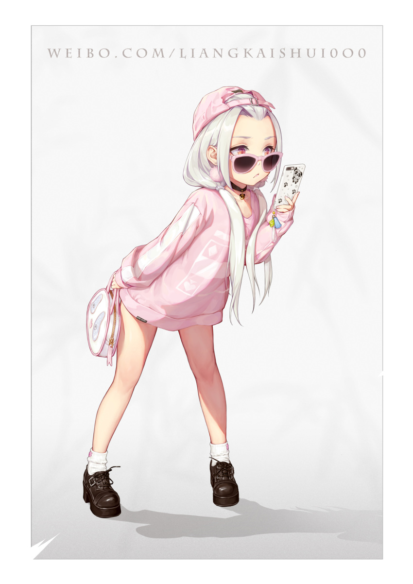 :&lt; bag cellphone choker commentary_request dress earrings forehead full_body hat highres jewelry leaning_forward long_hair low_twintails maou_renjishi no_pants original phone pink_sweater red_eyes shadow shoes smartphone socks solo sunglasses sweater sweater_dress twintails white_hair
