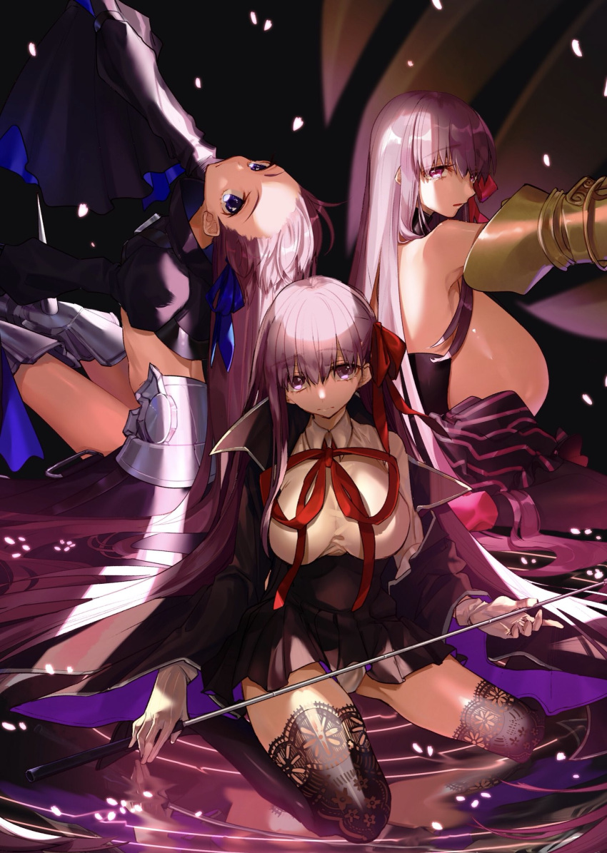 armored_boots bangs bb_(fate)_(all) bb_(fate/extra_ccc) black_coat black_legwear black_skirt blue_eyes blue_ribbon boots bow breasts coat fate/extra fate/extra_ccc fate_(series) frown gigantic_breasts gloves hair_bow hair_ribbon high-waist_skirt highres hino_hinako large_breasts long_hair long_sleeves looking_at_viewer meltlilith multiple_girls open_clothes open_coat passion_lip puffy_long_sleeves puffy_sleeves purple_eyes purple_hair red_bow red_ribbon ribbon shirt skirt sleeves_past_wrists thighhighs very_long_hair wand water white_gloves white_shirt wide_sleeves