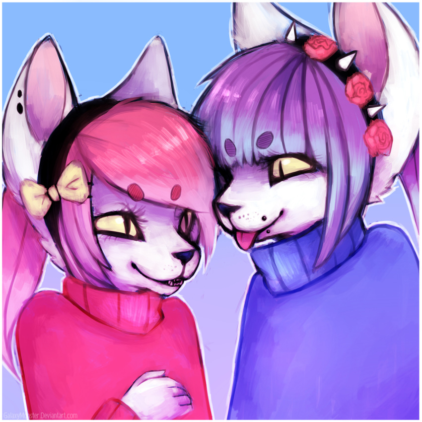 anthro canine clothed clothing cute duo facial_piercing female galaxymonster hair headband lip_piercing mammal piercing simple_background smile sweater tongue tongue_out