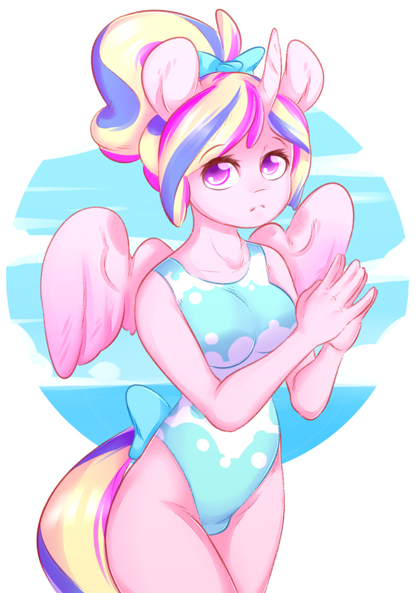 2018 5_fingers absurd_res alternate_hairstyle amberpendant anthro breasts clothed clothing cloud equine eyebrows eyelashes feathered_wings feathers female friendship_is_magic frown hair hair_bow hair_ribbon hi_res horn looking_at_viewer mammal multicolored_hair my_little_pony one-piece_swimsuit pink_feathers ponytail portrait princess_cadance_(mlp) purple_eyes ribbons sea short_hair simple_background sky solo standing swimsuit tail_bow tail_ribbon three-quarter_portrait water white_background winged_unicorn wings