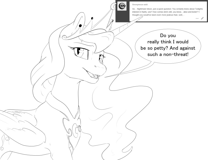 2018 ask_blog dialogue english_text equine fangs female friendship_is_magic horn mammal monochrome my_little_pony nightmare_moon_(mlp) question silfoe solo text winged_unicorn wings
