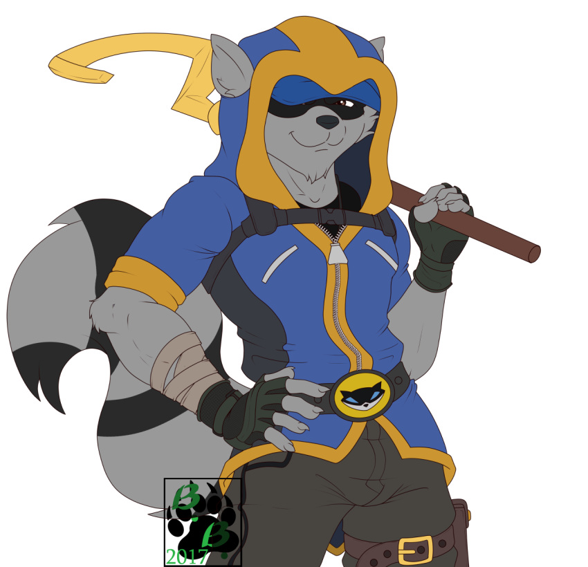 2017 5_fingers anthro blackbear brown_eyes cane clothed clothing fingerless_gloves fur gloves grey_fur hi_res holding_object hoodie male mammal muscular procyonid raccoon simple_background sly_cooper sly_cooper_(series) smile solo striped_tail stripes video_games watermark white_background