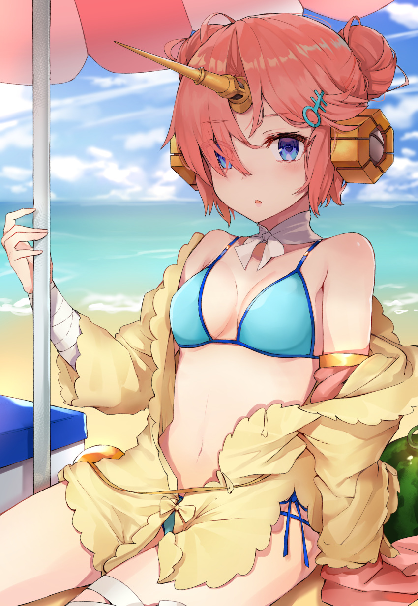 absurdres arm_support asymmetrical_sleeves bandaged_arm bandages bangs bare_shoulders beach beach_umbrella bikini black_cola blue_bikini blue_eyes blue_sky blurry blurry_background breasts cloud cloudy_sky commentary cooler day depth_of_field double_bun eyebrows_visible_through_hair fate/grand_order fate_(series) food frankenstein's_monster_(fate) frankenstein's_monster_(swimsuit_saber)_(fate) fruit hair_ornament hair_over_one_eye hand_up highres horizon horn jacket long_sleeves navel ocean open_clothes open_jacket outdoors parted_lips pink_hair sand side-tie_bikini side_bun sitting sky sleeves_past_fingers sleeves_past_wrists small_breasts solo swimsuit umbrella water watermelon yellow_jacket