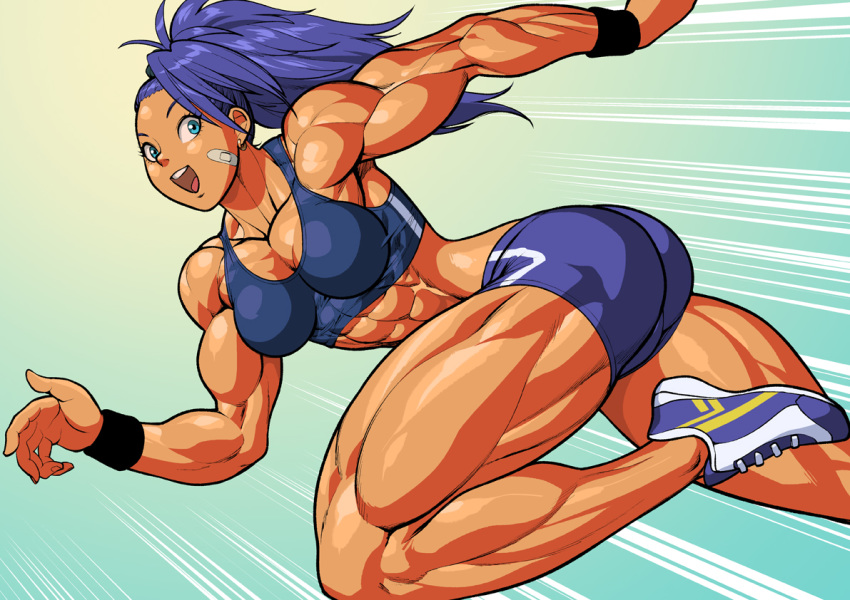 :d abs armband ass bandaid bare_arms bike_shorts blue_eyes blue_hair breasts captain_mizuki commentary earrings english_commentary jewelry looking_at_viewer midriff muscle muscular_female one-punch_man open_mouth pokkuti ponytail running shoes shoulders smile sneakers solo tan wrist_cuffs wristband