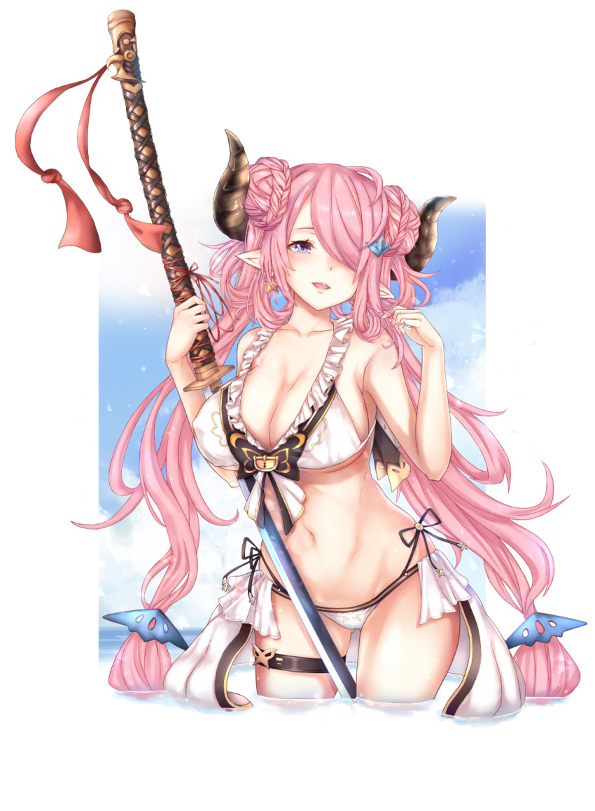 ass_visible_through_thighs bikini blue_eyes blush braid breasts chicami cloud collarbone day double_bun draph earrings frilled_bikini frills granblue_fantasy groin hair_twirling head_tilt highres holding holding_sword holding_weapon horns jewelry katana large_breasts long_hair looking_at_viewer narmaya_(granblue_fantasy) navel outdoors parted_lips pink_hair pointy_ears sky smile solo standing star star_earrings swimsuit sword thigh_strap transparent_background twintails very_long_hair water weapon white_bikini