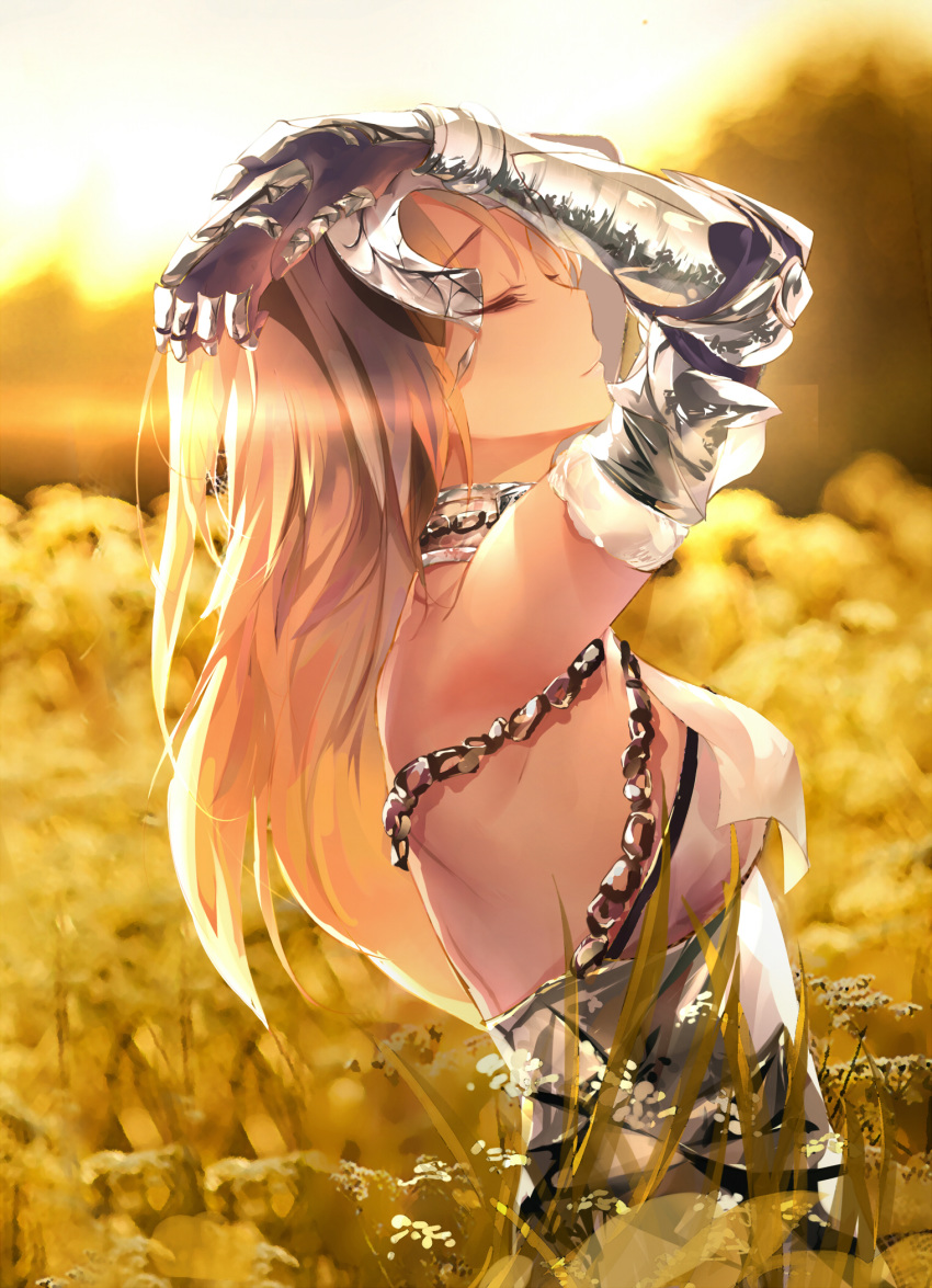 armor arms_up blonde_hair blurry blurry_background breasts chain closed_eyes fallen_heaven fate/grand_order fate_(series) field flower flower_field from_side gauntlets hands_on_own_head headpiece highres jeanne_d'arc_(fate) jeanne_d'arc_(fate)_(all) long_hair medium_breasts outdoors profile reflection solo standing sunlight upper_body