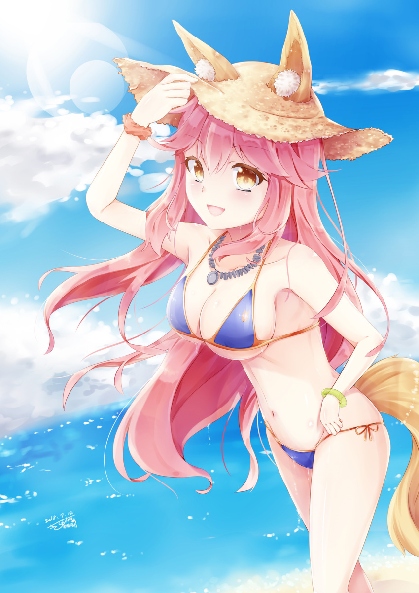 animal_ear_fluff animal_ears bikini blue_bikini breasts chunli495 cleavage day ears_through_headwear fang fate/grand_order fate_(series) fox_ears fox_tail groin hat highres large_breasts looking_at_viewer navel ocean open_mouth outdoors pink_hair side-tie_bikini solo straw_hat swimsuit tail tamamo_(fate)_(all) tamamo_no_mae_(swimsuit_lancer)_(fate) yellow_eyes
