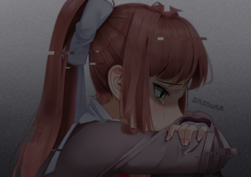 artist_name brown_hair commentary crying crying_with_eyes_open doki_doki_literature_club english_commentary glitch green_eyes hair_ribbon highres long_hair monika_(doki_doki_literature_club) ponytail profile ribbon sasoura school_uniform solo static tears white_ribbon