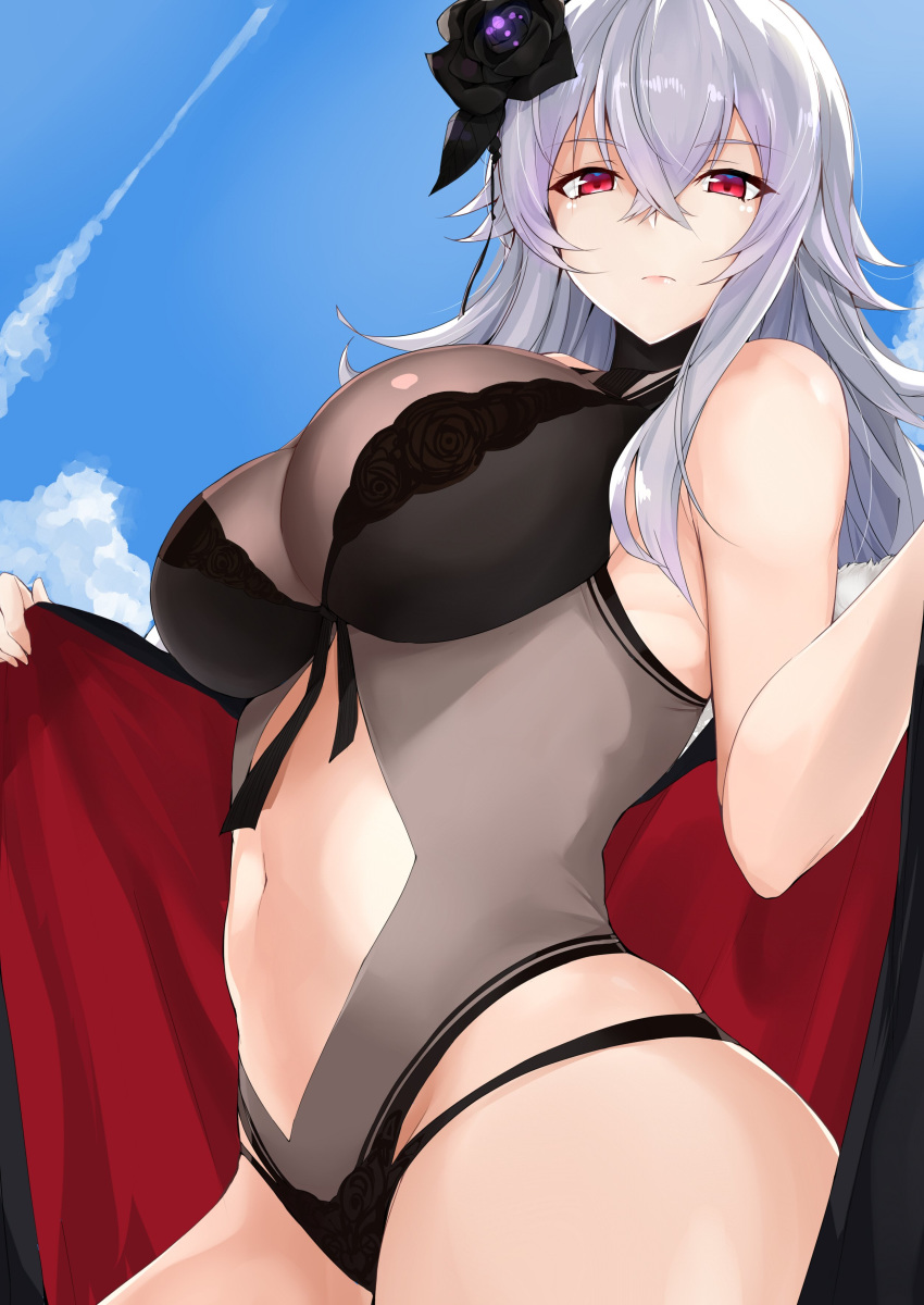 absurdres azur_lane black_swimsuit breasts cleavage from_below frown graf_zeppelin_(azur_lane) hair_ornament highres large_breasts looking_at_viewer looking_down maruya1006 navel navel_cutout one-piece_swimsuit red_eyes silver_hair solo swimsuit towel