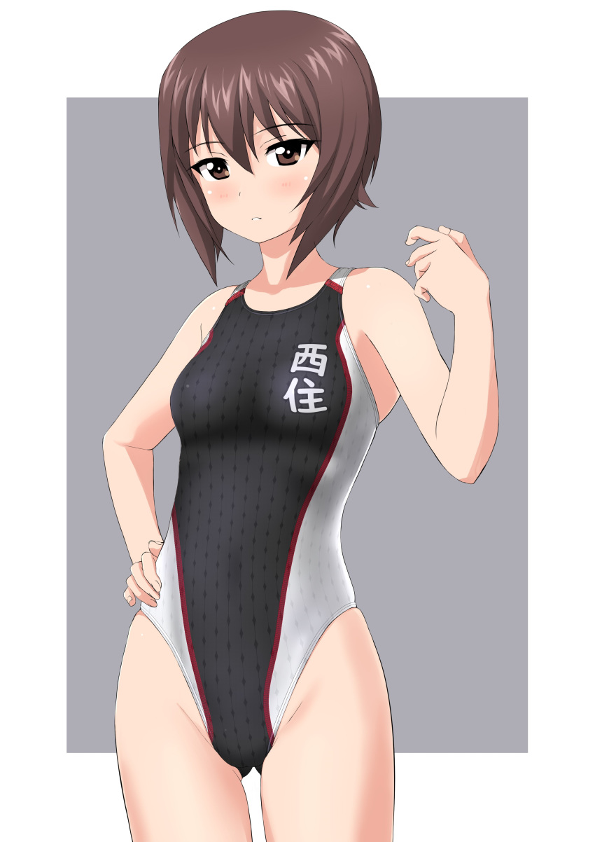 absurdres ass_visible_through_thighs bangs black_swimsuit blue_background brown_eyes brown_hair competition_swimsuit cowboy_shot girls_und_panzer hand_on_hip highres nishizumi_maho one-piece_swimsuit short_hair solo swimsuit takafumi two-tone_background younger