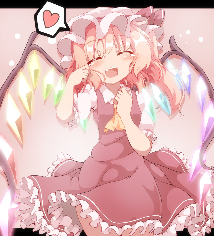 :d ^_^ ascot blush closed_eyes commentary_request crystal do_(4-rt) facing_viewer fang flandre_scarlet frilled_skirt frills hat heart highres mob_cap open_mouth skirt skirt_set smile solo spoken_heart tears touhou wings