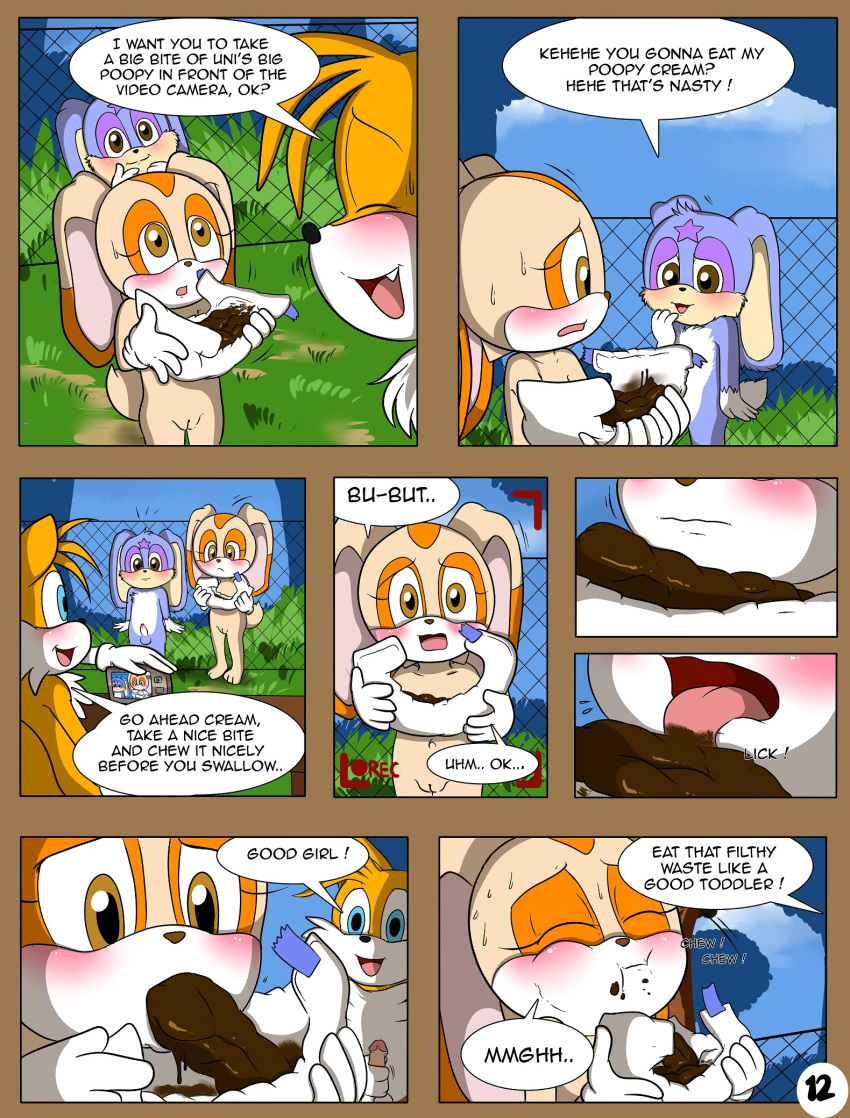 2013 anthro balls canine comic day eating_feces english_text eyelashes feces female fence fox hi_res lagomorph launny male mammal messy_diaper open_mouth outside penis pussy rabbit scat smile text unistar young