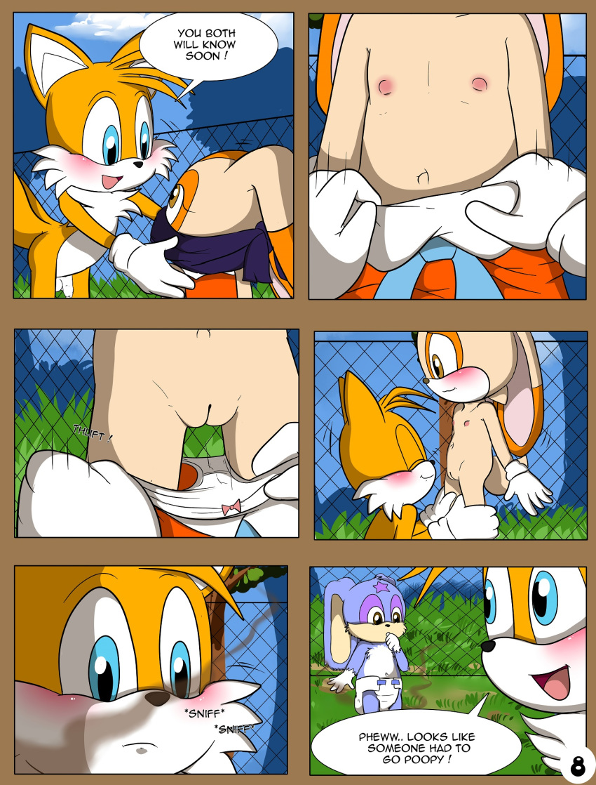 2013 anthro canine comic day english_text eyelashes female fence fox hi_res lagomorph launny male mammal messy_diaper open_mouth outside pussy rabbit smelly smile sniffing text unistar young
