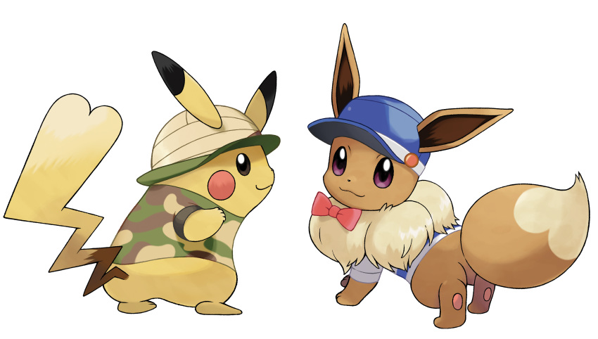 :3 absurdres artist_request black_eyes blue_hat blue_shirt blush_stickers bottomless bow bowtie camouflage camouflage_shirt clothed_pokemon eevee from_behind full_body gen_1_pokemon hat highres looking_at_viewer looking_back multiple_girls no_humans official_art outline pikachu pokemon pokemon_(creature) pokemon_(game) pokemon_lgpe purple_sclera red_neckwear shirt short_sleeves smile standing striped striped_shirt transparent_background white_outline