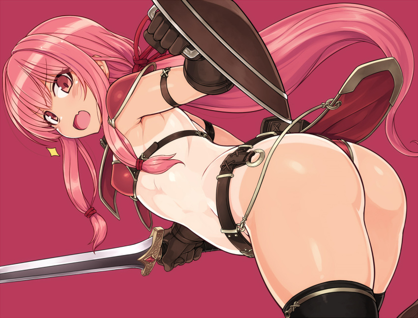 :d armor ass belt bikini_armor black_legwear breasts brown_gloves dutch_angle eyebrows_visible_through_hair fang gloves highres kotonoha_akane long_hair looking_at_viewer low_ponytail null_(nyanpyoun) one-piece_tan open_mouth pauldrons pink_hair red_background red_eyes shield sidelocks simple_background small_breasts smile solo sword tan tanline thighhighs tied_hair very_long_hair voiceroid weapon