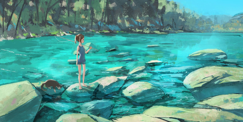 brown_hair cat day fishing_rod forest highres holding nature original outdoors over_shoulder ponytail reido_(reido_c) river school_swimsuit standing swimsuit water