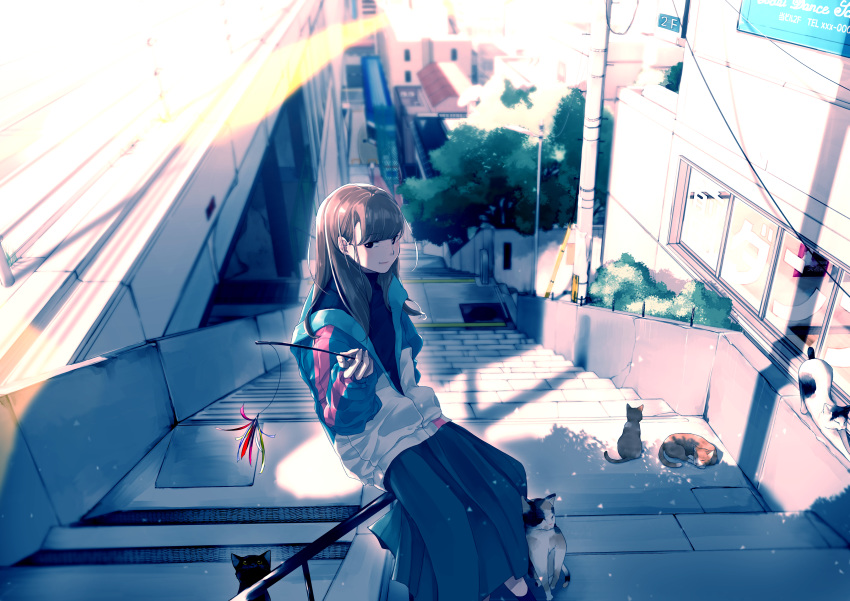 absurdres bangs black_cat black_eyes blurry blurry_background brown_hair cable cat cat_teaser cityscape closed_mouth day eyebrows_visible_through_hair from_side hand_in_pocket hand_up highres holding jacket lamppost long_hair long_skirt long_sleeves maeda_mic original partially_unzipped railing scenery shadow sign sitting sitting_on_railing skirt smile solo stairs stretch sunlight swept_bangs tail telephone_pole tree window