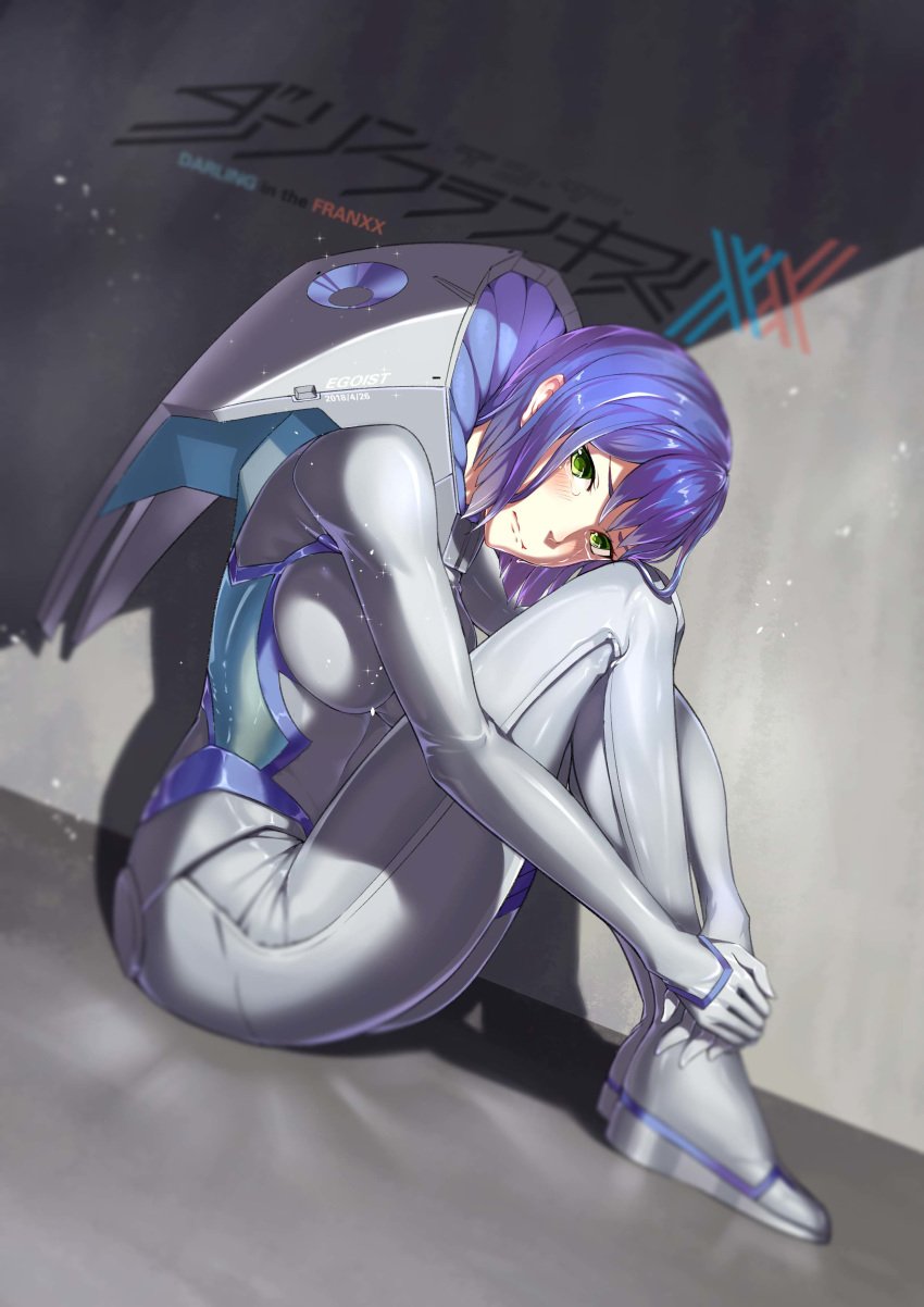absurdres blue_hair blush bodysuit breasts chinese_commentary commentary_request copyright_name darling_in_the_franxx egoist-001 green_eyes highres ichigo_(darling_in_the_franxx) large_breasts leg_hug legs legs_up logo looking_at_viewer pilot_suit short_hair sitting solo tears thighs