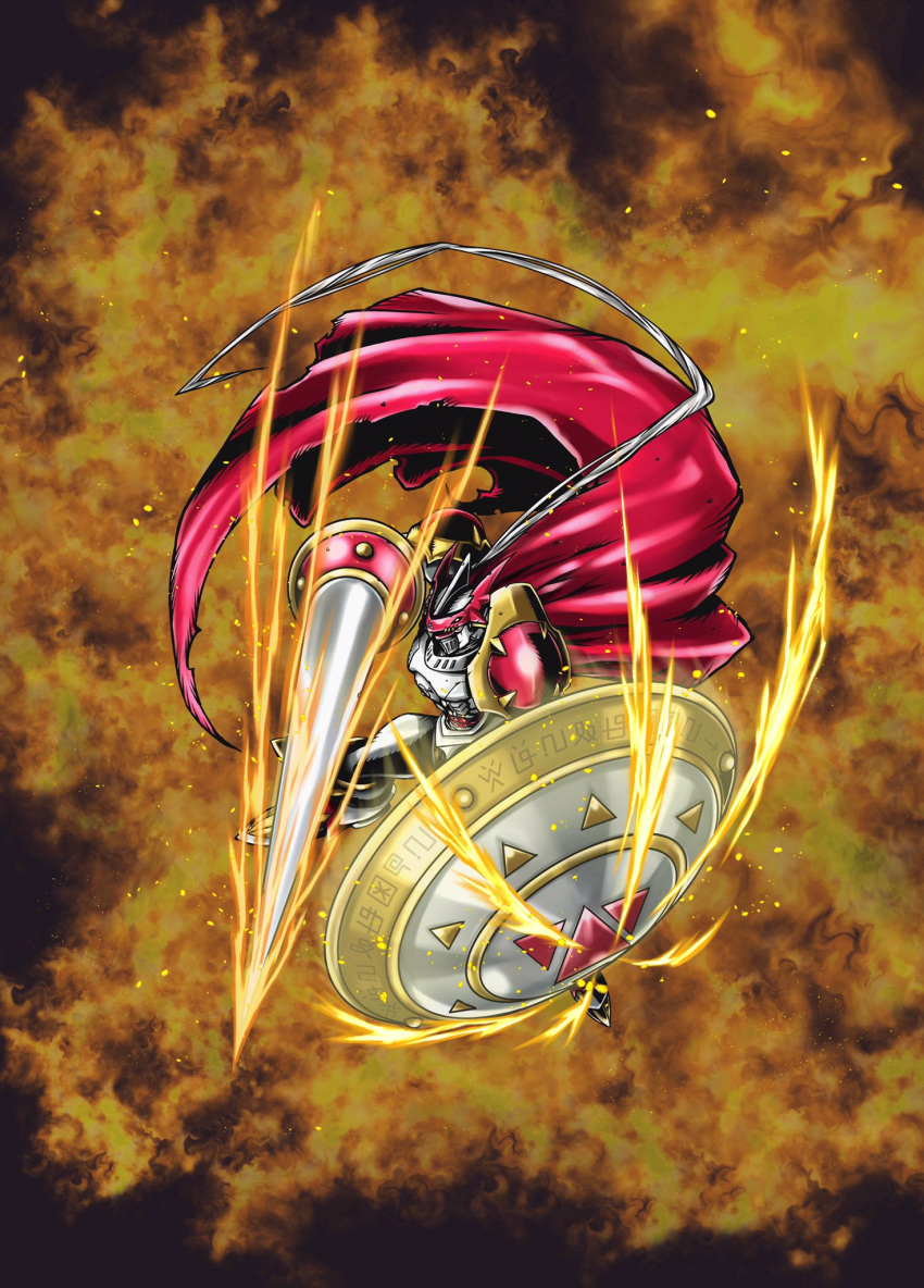 armor bandai cape digimon dukemon full_armor looking_at_viewer mecha official_art polearm royal_knights shield solo spear weapon
