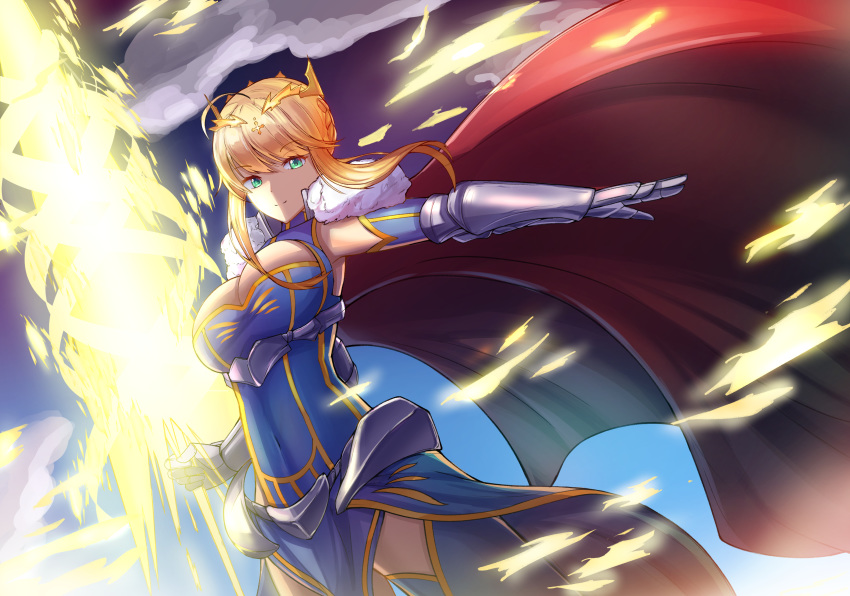absurdres ahoge armor armored_dress artoria_pendragon_(all) artoria_pendragon_(lancer) blonde_hair blue_gloves breasts cape cleavage cow-ring crown dress elbow_gloves energy fate/grand_order fate_(series) fur_trim gauntlets gloves glowing glowing_weapon green_eyes highres holding holding_weapon lance large_breasts looking_at_viewer outdoors polearm red_cape rhongomyniad solo weapon