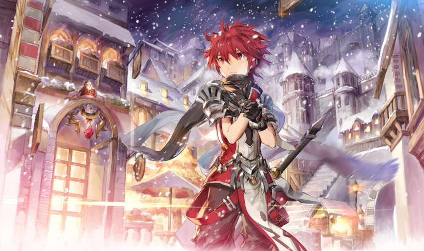 elsword elsword_(character) gloves light lord_knight_(elsword) red_eyes red_hair santa_claus scarf scorpion5050 shoulder_armor snow snowing stairs sword sword_hilt town weapon