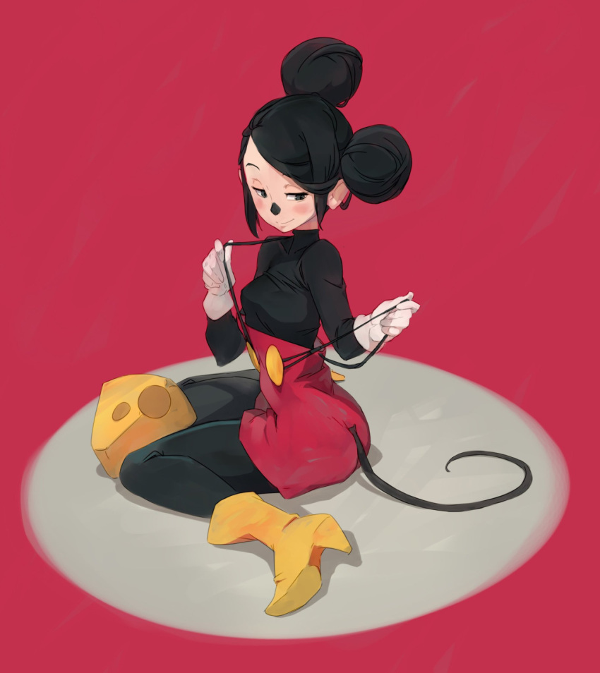 black_eyes black_legwear boots breasts cheese closed_mouth commentary disney double_bun english_commentary food genderswap genderswap_(mtf) gloves highres humanization long_sleeves mickey_mouse mouse_tail oversized_food pantyhose red_background simple_background sitting small_breasts smile solo suspenders suspenders_pull tail wariza white_gloves xavier_houssin yellow_footwear