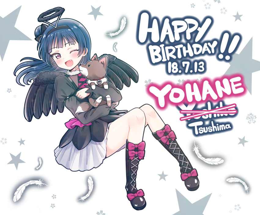 anko_(love_live!_sunshine!!) birthday black_dress black_footwear black_wings blue_hair character_name dated deadnooodles dog dress english fang hair_bun happy_birthday highres holding long_hair long_sleeves love_live! love_live!_sunshine!! one_eye_closed pink_eyes puppy side_bun star tongue tongue_out tsushima_yoshiko white_feathers wings