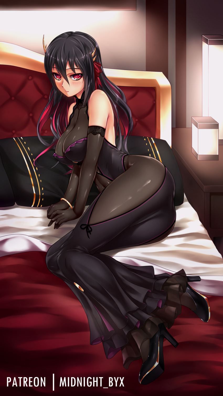 bare_shoulders bed black_dress black_footwear black_gloves black_hair black_legwear blush bracelet breasts commentary dress elbow_gloves english_commentary gloves hair_between_eyes hair_ribbon high_heels highres indoors jewelry lamp large_breasts long_hair looking_at_viewer midnight_(banyex) multicolored_hair on_bed original patreon_username pillow red_eyes red_hair ribbon shoes sitting solo two-tone_hair