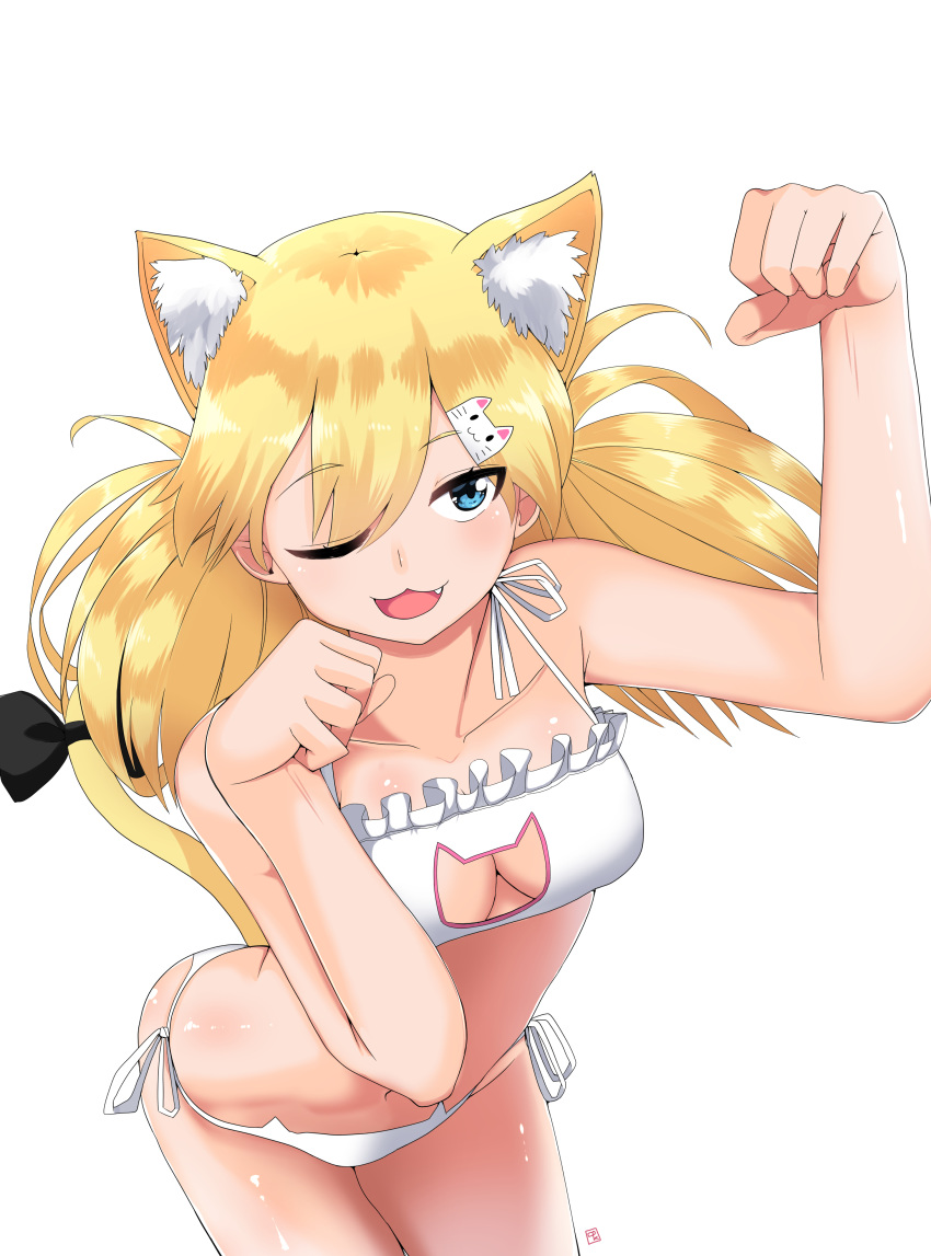absurdres animal_ears ass bangs bare_shoulders blonde_hair blue_eyes blush bra breasts capoki cat_cutout cat_ears cat_hair_ornament cat_lingerie cleavage cleavage_cutout collarbone commentary eyebrows_visible_through_hair fang girls_frontline hair_between_eyes hair_ornament hairclip highres idw_(girls_frontline) long_hair looking_at_viewer meme_attire navel one_eye_closed open_mouth panties paw_pose ribbon shiny shiny_skin side-tie_panties smile solo stomach tail thighs twintails underwear underwear_only