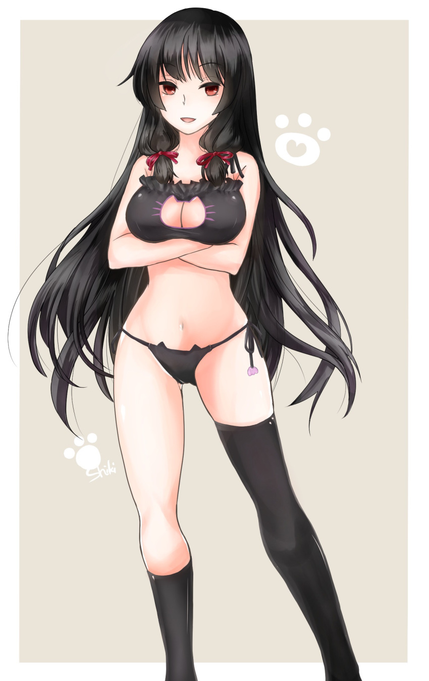 arms_under_breasts artist_name asymmetrical_legwear bangs black_bra black_hair black_panties bra breast_hold breasts cat_cutout cat_ear_panties cat_lingerie cleavage cleavage_cutout commentary_request crossed_arms eyebrows_visible_through_hair frilled_bra frills grey_background hair_ribbon highres isokaze_(kantai_collection) kantai_collection kneehighs lingerie long_hair looking_at_viewer medium_breasts meme_attire navel open_mouth outside_border panties paw_print red_eyes red_ribbon ribbon shiki_(sherry99) side-tie_panties signature single_kneehigh single_thighhigh skindentation smile solo standing thighhighs tress_ribbon underwear underwear_only