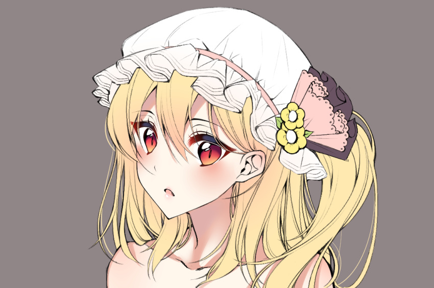 bare_shoulders blonde_hair collarbone commentary eyebrows_visible_through_hair fang flandre_scarlet flower gem_oblivion grey_background hair_between_eyes hat hat_flower hat_ribbon leaf long_hair looking_at_viewer mob_cap one_side_up parted_lips pink_lips pink_ribbon portrait red_eyes ribbon simple_background solo touhou white_hat yellow_flower
