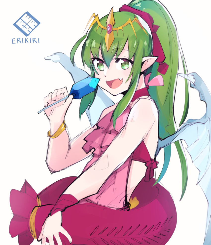 artist_name bracelet chiki commentary dragon_wings english_commentary eri_(erikiri) fire_emblem fire_emblem:_monshou_no_nazo fire_emblem_heroes food green_eyes green_hair hair_ribbon highres jewelry long_hair mamkute open_mouth pink_swimsuit pointy_ears ponytail popsicle red_ribbon ribbon simple_background solo swimsuit tiara white_background wings