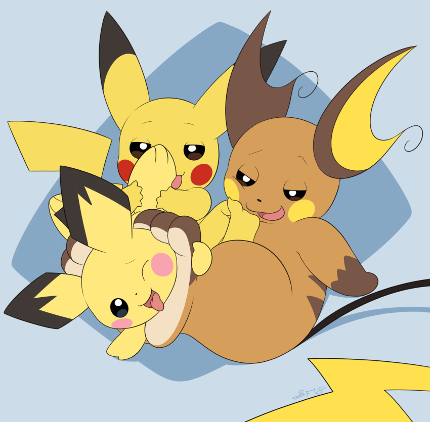 ambiguous_gender brown_fur feet feral foot_fetish fur group licking mammal nintendo open_mouth pawpads paws pichu pikachu pok&eacute;mon pok&eacute;mon_(species) raichu red_cheeks rodent simple_background slimefur smile toes tongue tongue_out video_games yellow_fur